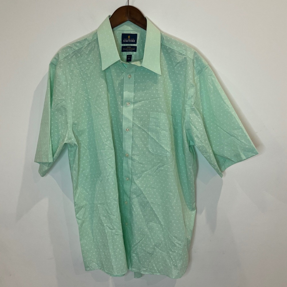 Stafford Travel Mint Green Fish Print Short Sleeve Button Up Shirt 17.5 Regular